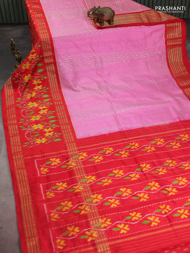 Pochampally silk saree light pink and red with allover ikat weaves and long ikat woven zari border