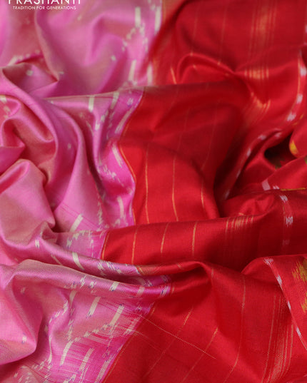 Pochampally silk saree light pink and red with allover ikat weaves and long ikat woven zari border