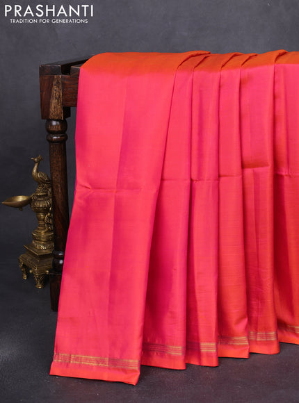 Pure soft silk saree dual shade of pinkish orange and green with plain body and kalamkari hand painted pallu