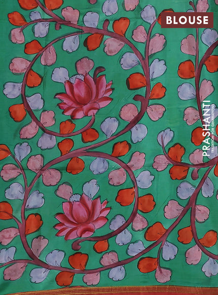 Pure soft silk saree dual shade of pinkish orange and green with plain body and kalamkari hand painted pallu