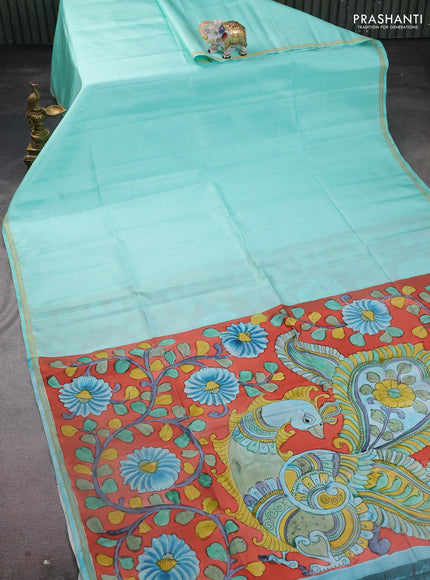 Pure soft silk saree teal blue and orange with plain body and kalamkari hand painted pallu