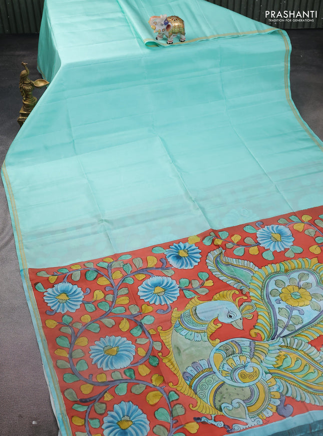 Pure soft silk saree teal blue and orange with plain body and kalamkari hand painted pallu