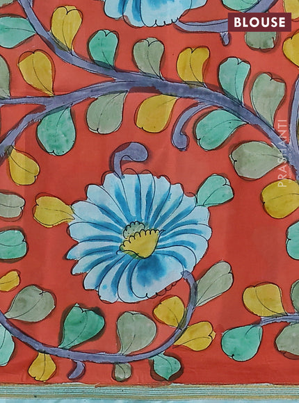 Pure soft silk saree teal blue and orange with plain body and kalamkari hand painted pallu