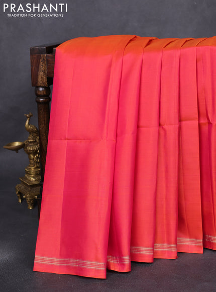Pure soft silk saree dual shade of pinkish orange and light blue with plain body and kalamkari hand painted pallu