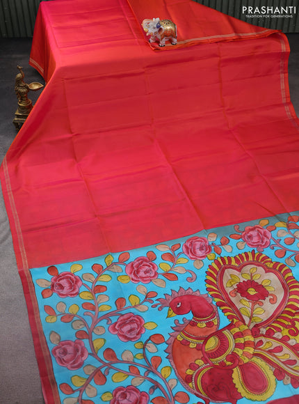 Pure soft silk saree dual shade of pinkish orange and light blue with plain body and kalamkari hand painted pallu