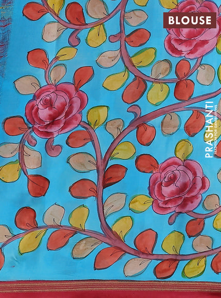 Pure soft silk saree dual shade of pinkish orange and light blue with plain body and kalamkari hand painted pallu