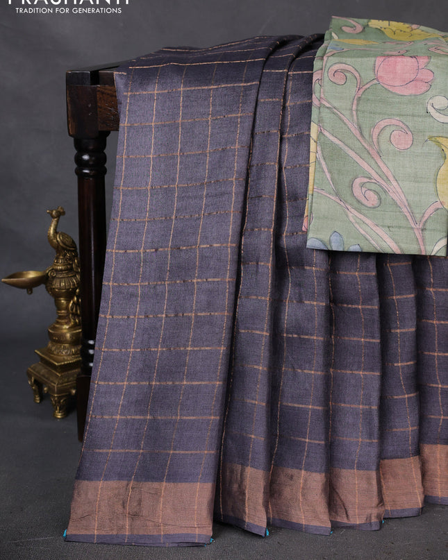 Pure Tussar Silk Saree elephant grey and pastel green with allover zari checked pattern and zari woven border