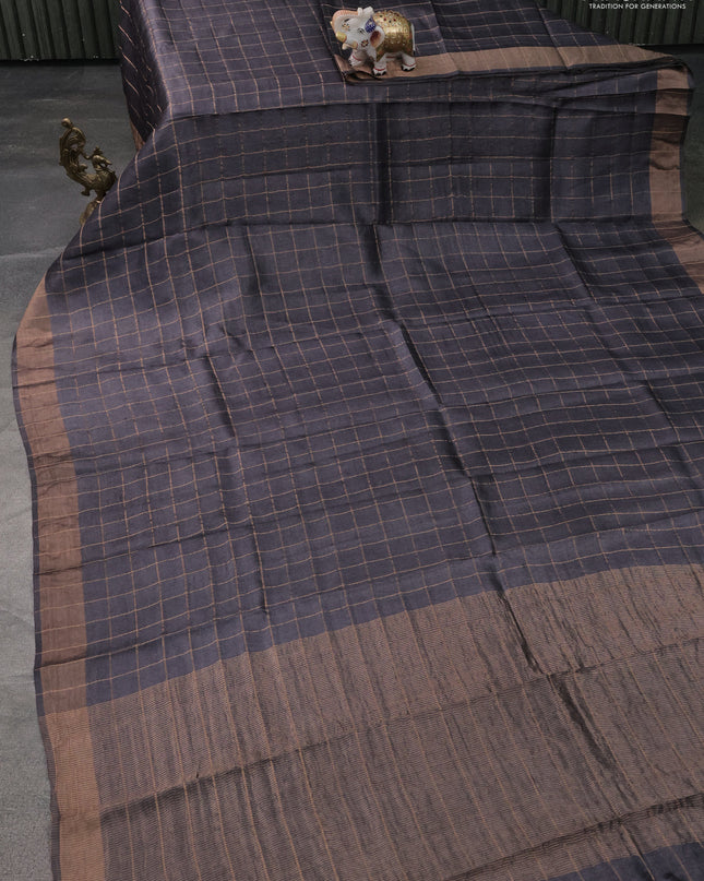 Pure Tussar Silk Saree elephant grey and pastel green with allover zari checked pattern and zari woven border