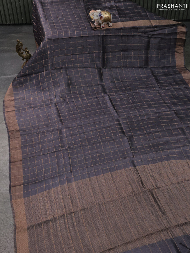 Pure Tussar Silk Saree elephant grey and pastel green with allover zari checked pattern and zari woven border