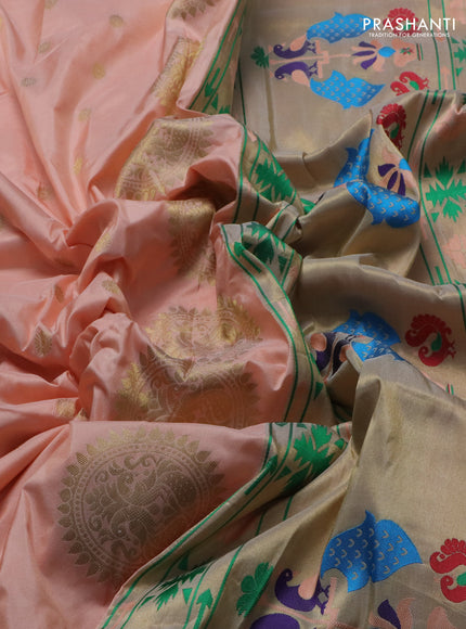 Pure paithani silk saree pale orange with zari woven buttas and zari woven border