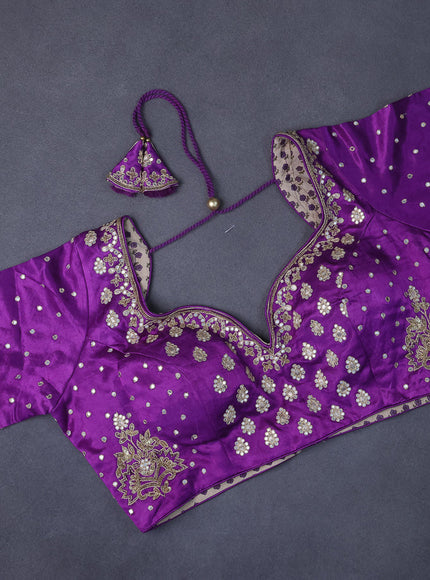 Tissue saree dual shade of violet with allover silver & gold zari weaves and lace work border