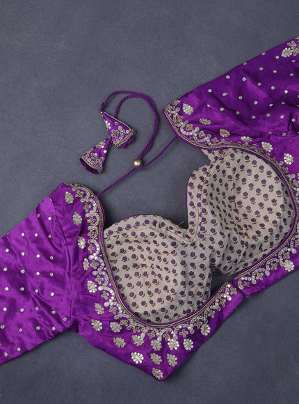 Tissue saree dual shade of violet with allover silver & gold zari weaves and lace work border