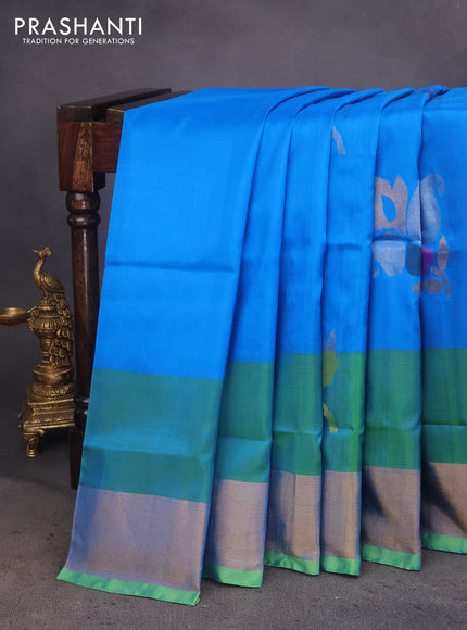 Pure uppada silk saree cs blue and light green with zari woven jamdhani buttas and zari woven border