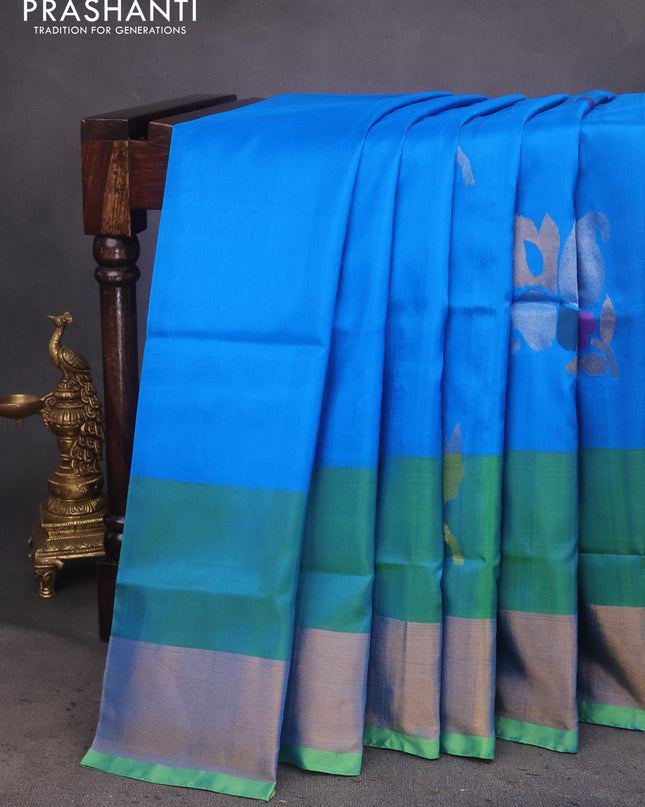 Pure uppada silk saree cs blue and light green with zari woven jamdhani buttas and zari woven border