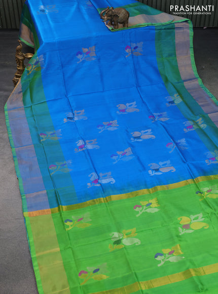 Pure uppada silk saree cs blue and light green with zari woven jamdhani buttas and zari woven border