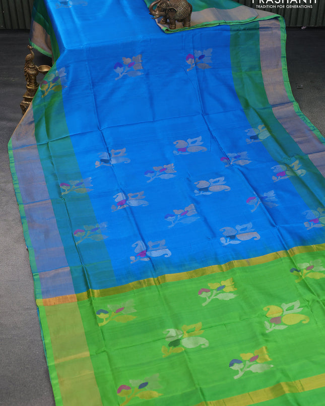 Pure uppada silk saree cs blue and light green with zari woven jamdhani buttas and zari woven border
