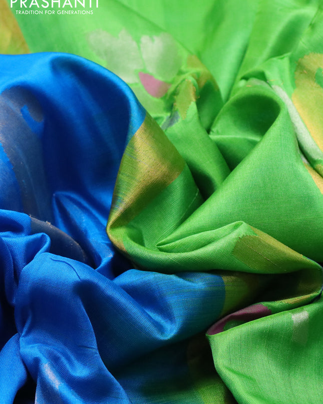 Pure uppada silk saree cs blue and light green with zari woven jamdhani buttas and zari woven border