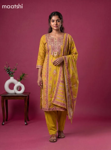 Mustard Yellow Cotton Printed Embroidery Work Straight Suit