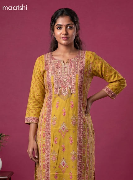 Mustard Yellow Cotton Printed Embroidery Work Straight Suit
