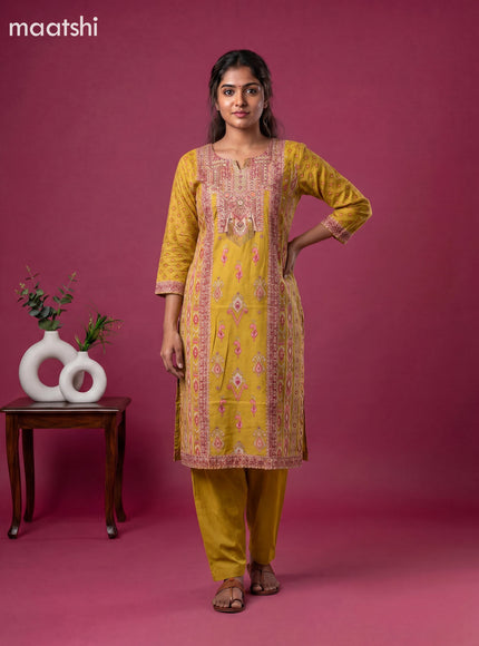 Mustard Yellow Cotton Printed Embroidery Work Straight Suit