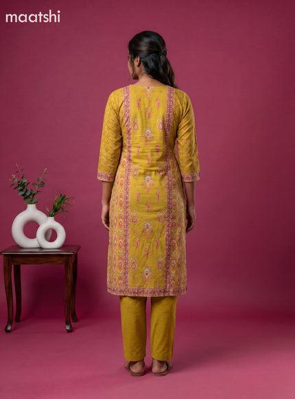 Mustard Yellow Cotton Printed Embroidery Work Straight Suit