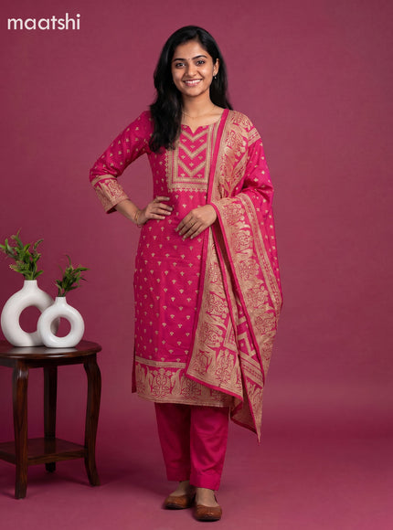 Pink Cotton Printed Embroidery Work Straight Suit