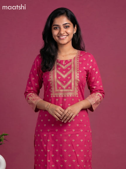 Pink Cotton Printed Embroidery Work Straight Suit