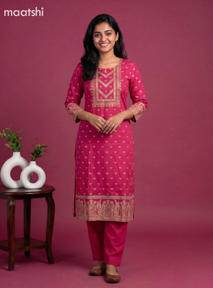 Pink Cotton Printed Embroidery Work Straight Suit