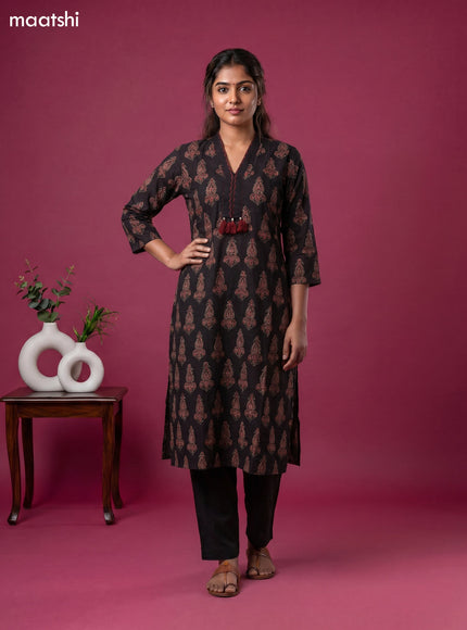 Deep Coffee Brown Cotton Ajrakh Printed Straight Kurti