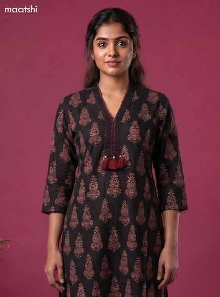 Deep Coffee Brown Cotton Ajrakh Printed Straight Kurti