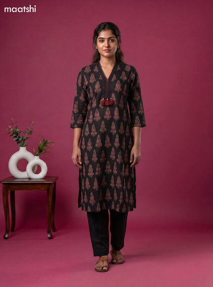 Deep Coffee Brown Cotton Ajrakh Printed Straight Kurti