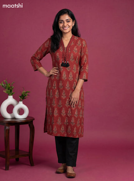 Maroon Cotton Ajrakh Printed Straight Kurti