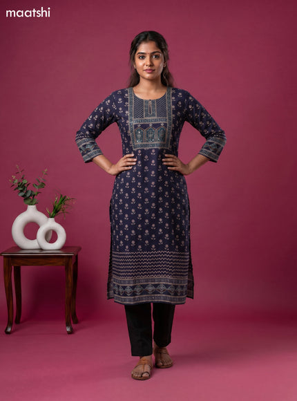 Dark Blue Cotton Printed Straight Kurti