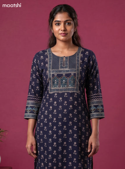 Dark Blue Cotton Printed Straight Kurti