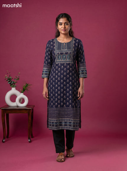 Dark Blue Cotton Printed Straight Kurti
