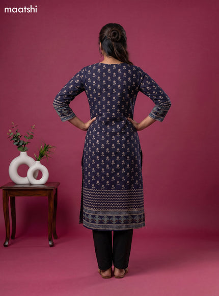 Dark Blue Cotton Printed Straight Kurti