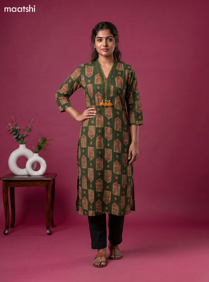 Sap Green Cotton Ajrakh Printed Straight Kurti