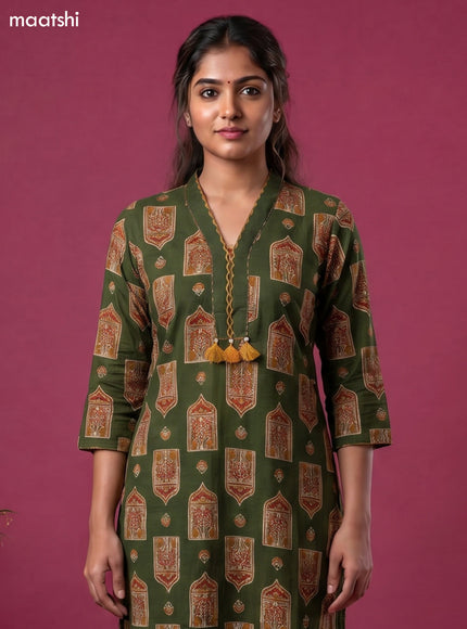 Sap Green Cotton Ajrakh Printed Straight Kurti
