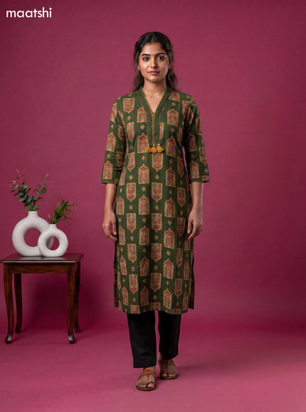 Sap Green Cotton Ajrakh Printed Straight Kurti