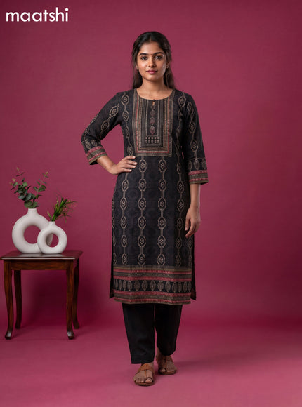 Black Cotton Ikat Weaves & Embroidery Work Straight Kurti