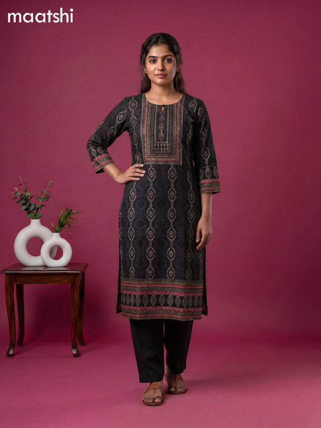 Black Cotton Ikat Weaves & Embroidery Work Straight Kurti