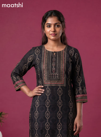 Black Cotton Ikat Weaves & Embroidery Work Straight Kurti