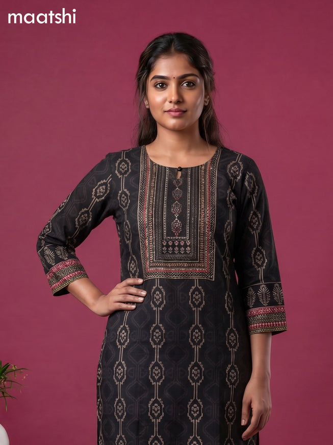 Black Cotton Ikat Weaves & Embroidery Work Straight Kurti