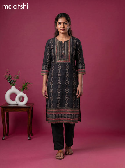 Black Cotton Ikat Weaves & Embroidery Work Straight Kurti