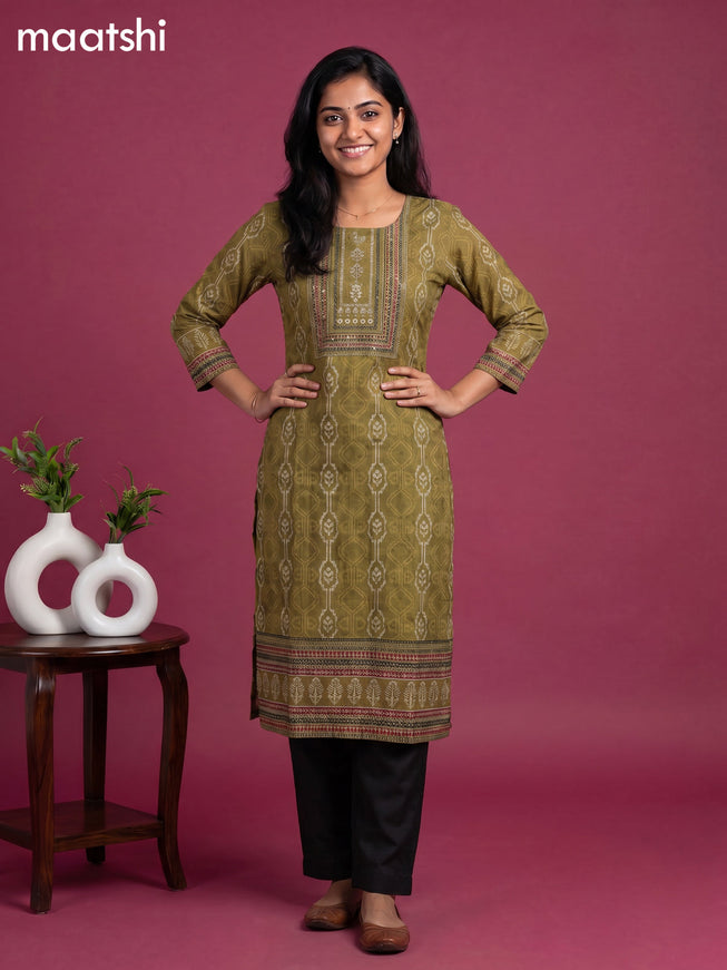 Sap Green Cotton Ikat Weaves & Embroidery Work Straight Kurti