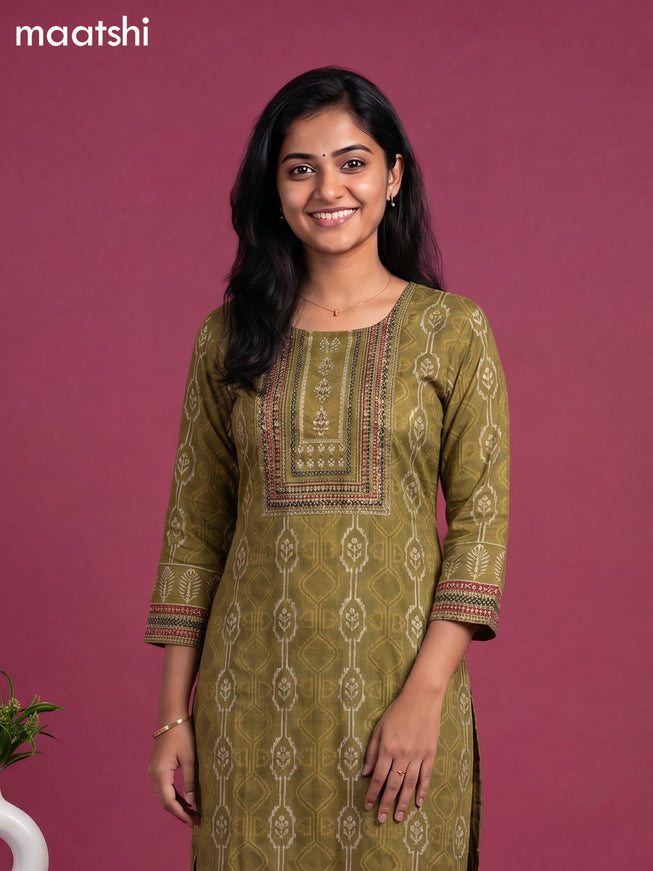 Sap Green Cotton Ikat Weaves & Embroidery Work Straight Kurti