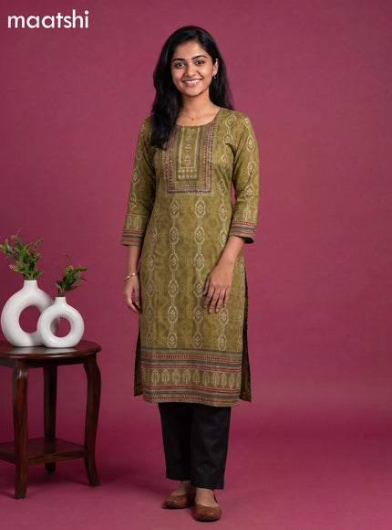 Sap Green Cotton Ikat Weaves & Embroidery Work Straight Kurti