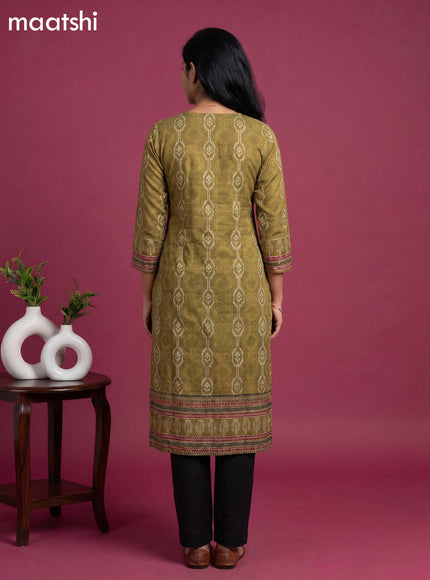 Sap Green Cotton Ikat Weaves & Embroidery Work Straight Kurti