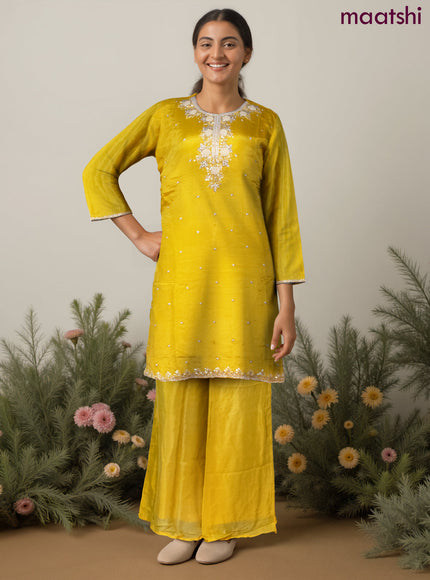 Art Silk Festive wear salwar suit yellow with sequin & beaded work neck pattern and palazzo pant & chiffon dupatta