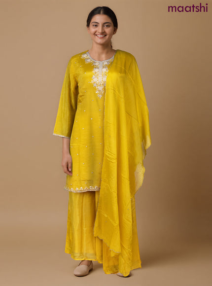 Art Silk Festive wear salwar suit yellow with sequin & beaded work neck pattern and palazzo pant & chiffon dupatta